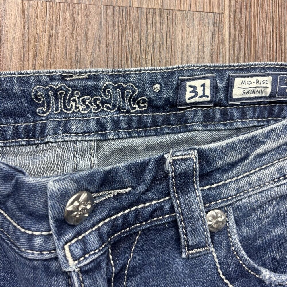 Miss Me Mid-Rise Skinny Jeans Sequin Angel Wings Distressed Light Wash Size 31 - Picture 5 of 11